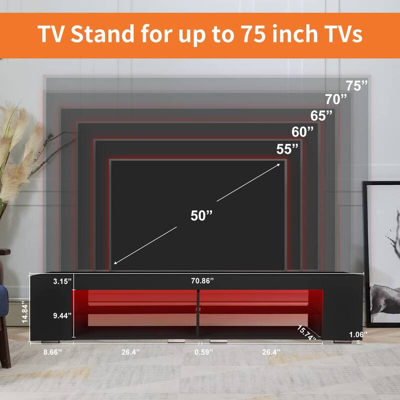 Modern LED TV Stand with Storage, High Gloss Finish, and Immersive RGB LED Lights, Fits up to 75